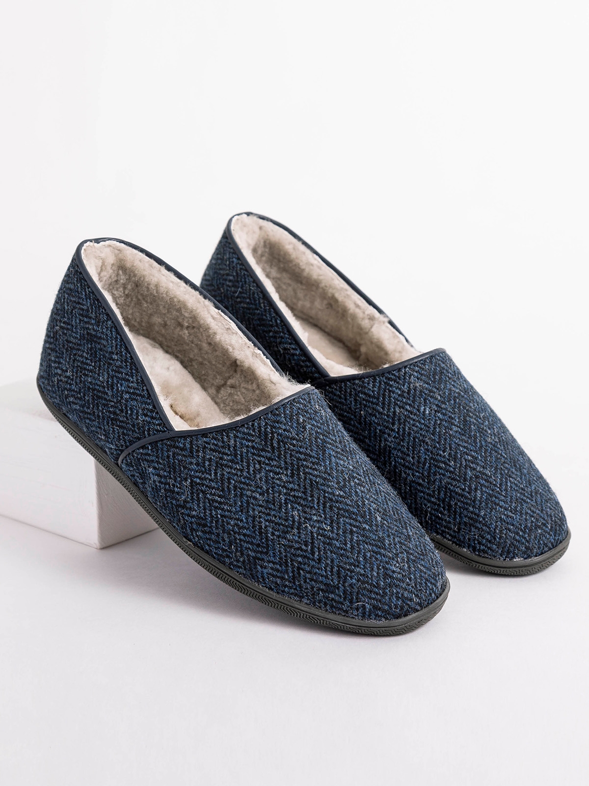 Men s Sheepskin Tweed Slipper in Navy Menswear David Nieper Hot weather heroes David Nieper