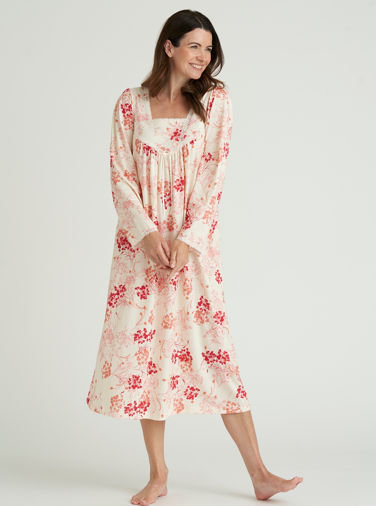 Lace Trim Jersey Nightdress in Pink White David Nieper